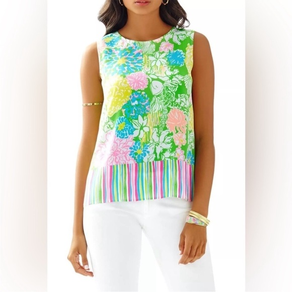 Lilly Pulitzer Iona Button Back Silk Tank Top Pink Green Hibiscus Stroll Floral - Picture 2 of 10